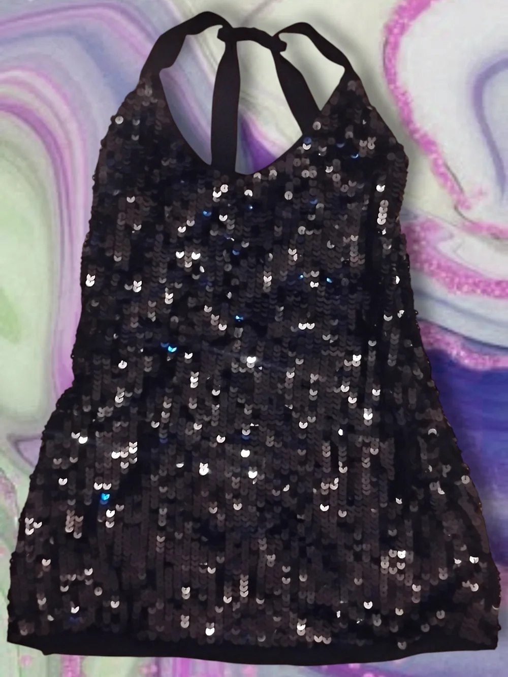 Women's Sequin Sprappy Halter Mini Dress Black Size Large Stretchy Date Night - Picture 3 of 8